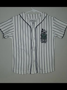 Primark White & Navy Striped Mickey Baseball Shirt With Denim Shorts